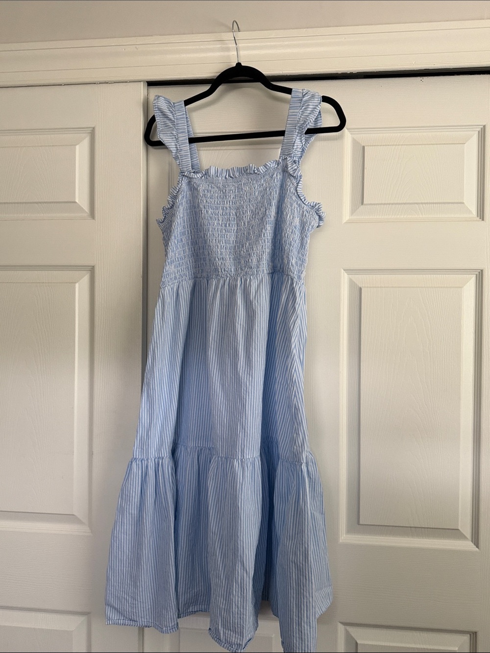 Eloquii Smocked Ruffle Strap Blue Stripe womens midi Dress 18/20